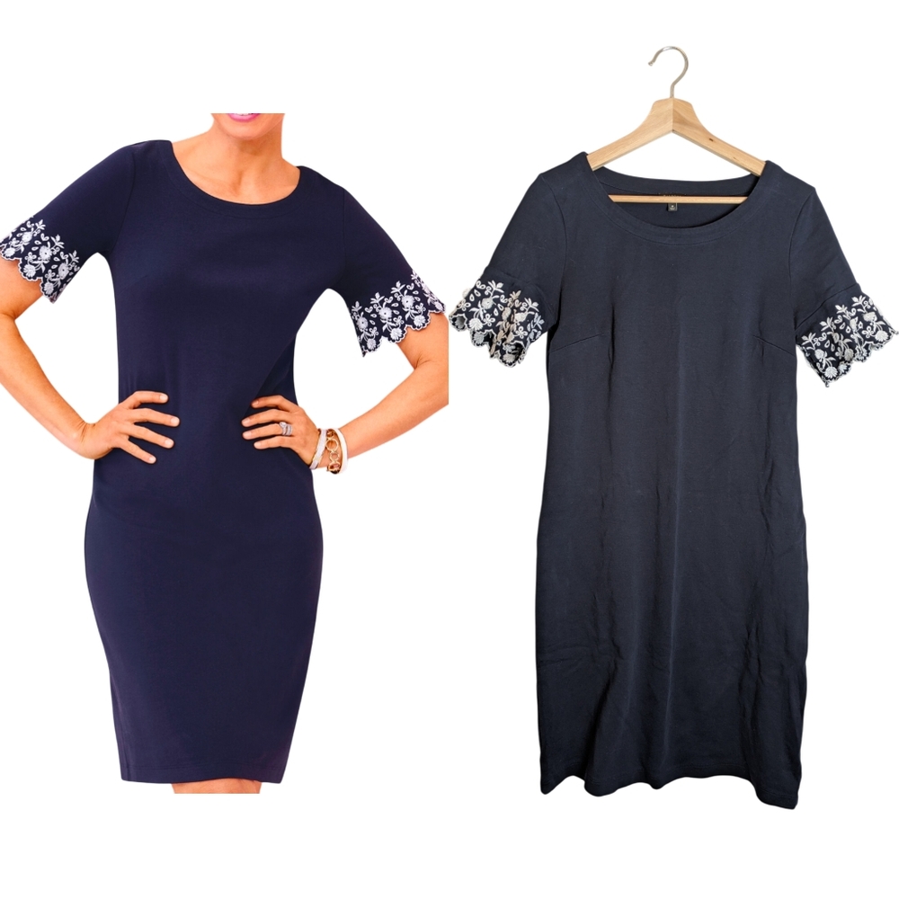 Talbots Embroidered-Sleeve Shift Dress Size Medium 100% Cotton